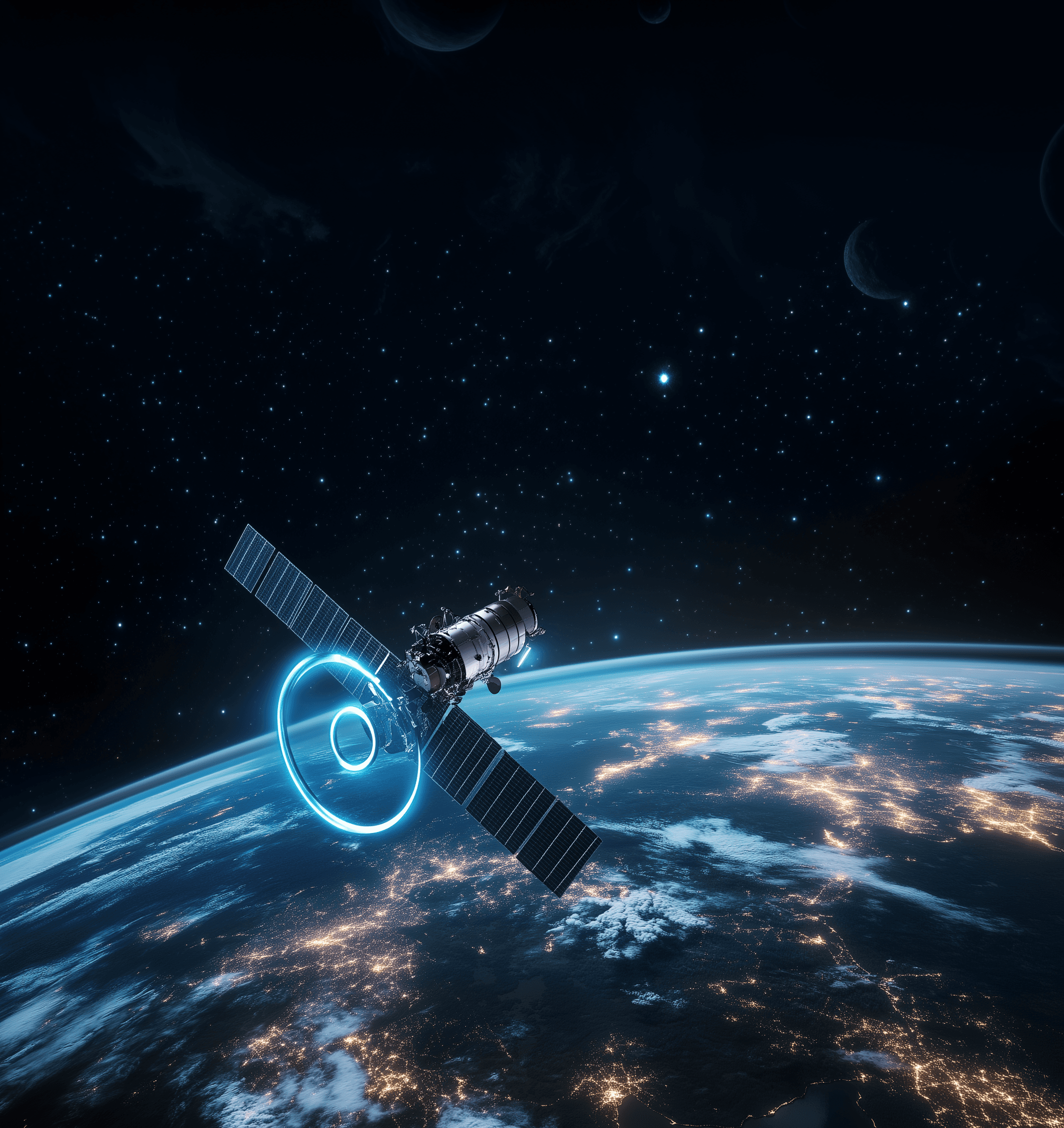 Satellite over Earth with a glowing orbital signal